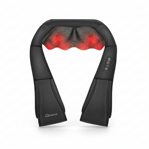 Black neck and shoulder massager with red lights on a white background